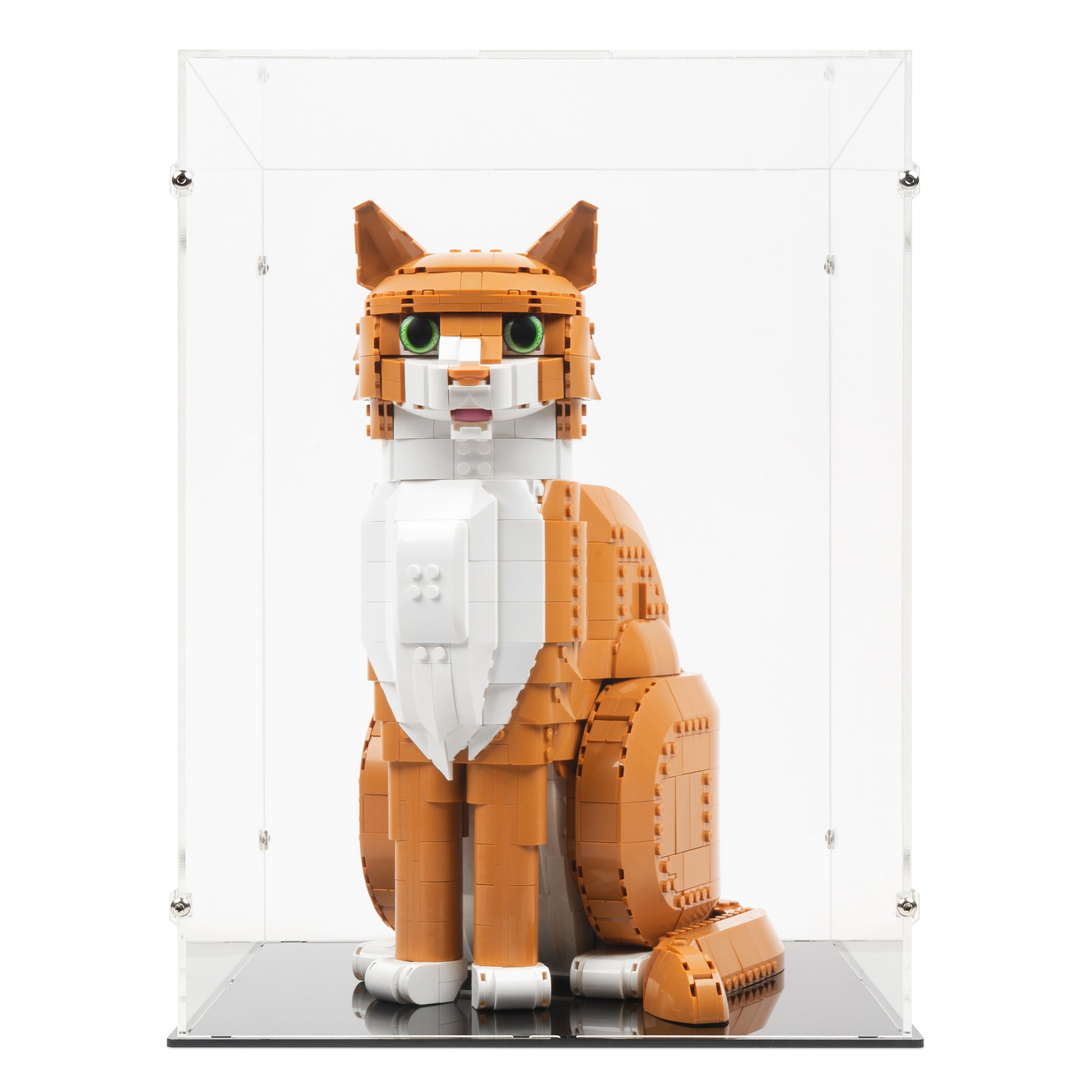 Front view of LEGO 21376 Orange Cat Display Case.