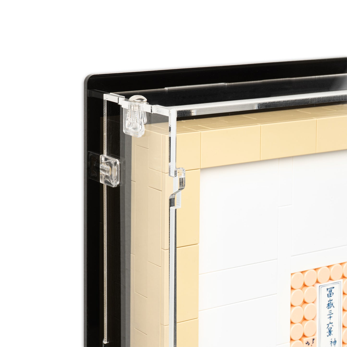 Fitting detail view of LEGO 31208 Hokusai – The Great Wave Wall-Mounted Display Case.