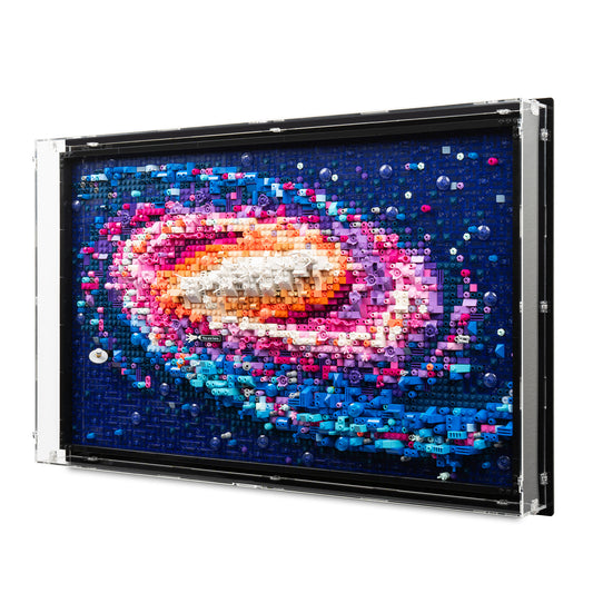 Angled view of LEGO 31212 The Milky Way Galaxy Wall-Mounted Display Case.