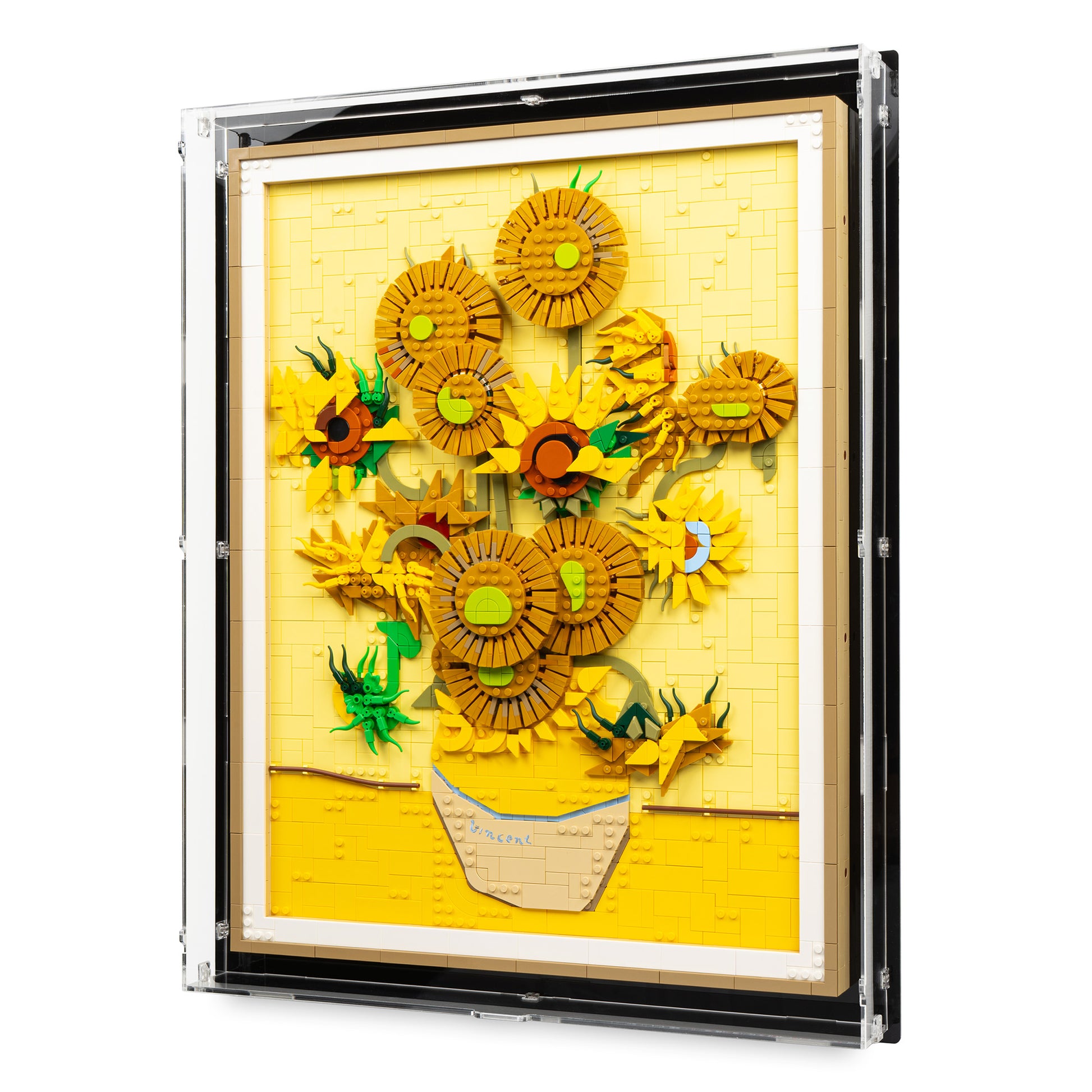 Angled view of LEGO 31215 Vincent van Gogh – Sunflowers Wall-Mounted Display Case.