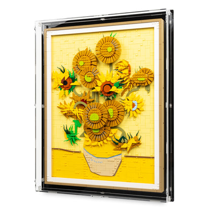 Angled view of LEGO 31215 Vincent van Gogh – Sunflowers Wall-Mounted Display Case.