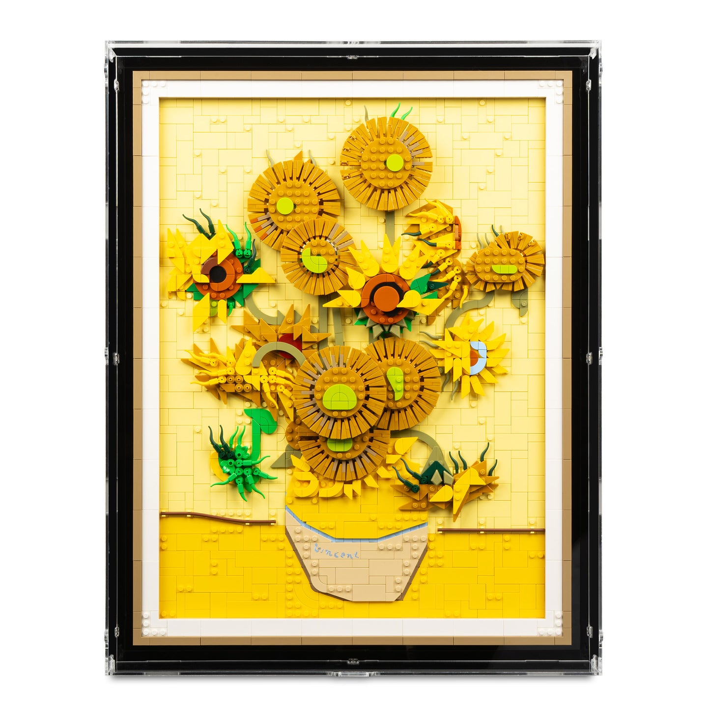 Front view of LEGO 31215 Vincent van Gogh – Sunflowers Wall-Mounted Display Case.