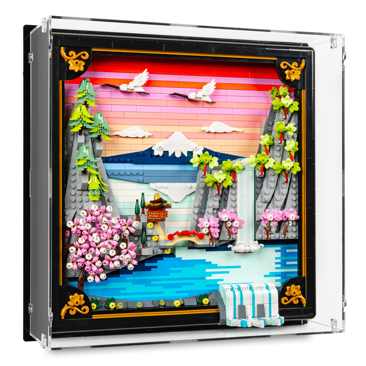 Angled view of LEGO 31218 Japanese Cherry Blossom Landscape Wall-Mounted Display Case.