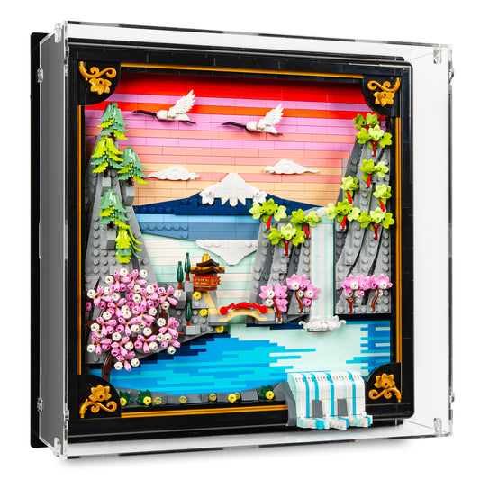 Angled view of LEGO 31218 Japanese Cherry Blossom Landscape Wall-Mounted Display Case.