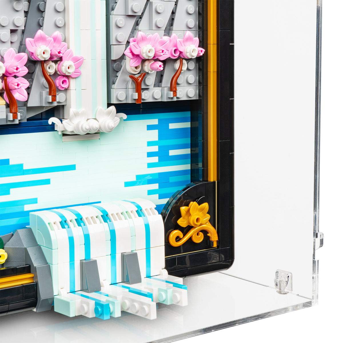 Fitting detail view of LEGO 31218 Japanese Cherry Blossom Landscape Wall-Mounted Display Case.