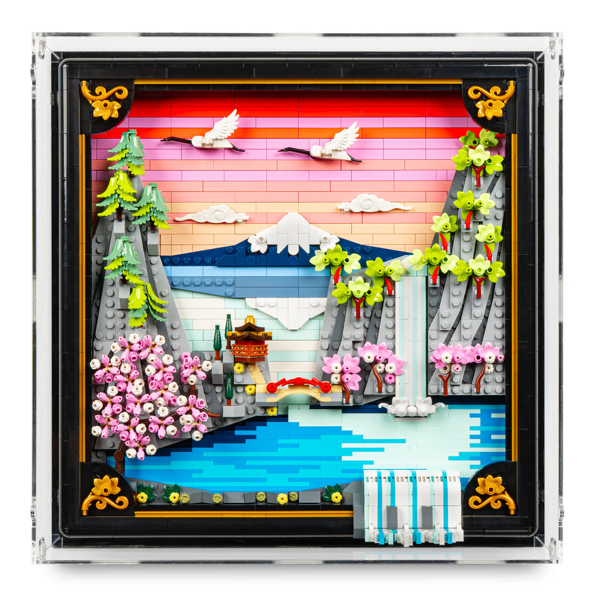 Front view of LEGO 31218 Japanese Cherry Blossom Landscape Wall-Mounted Display Case.