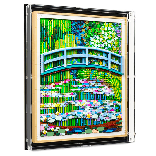 Angled view of LEGO 31220 Claude Monet – Bridge over a Pond of Water Lilies Wall-Mounted Display Case.