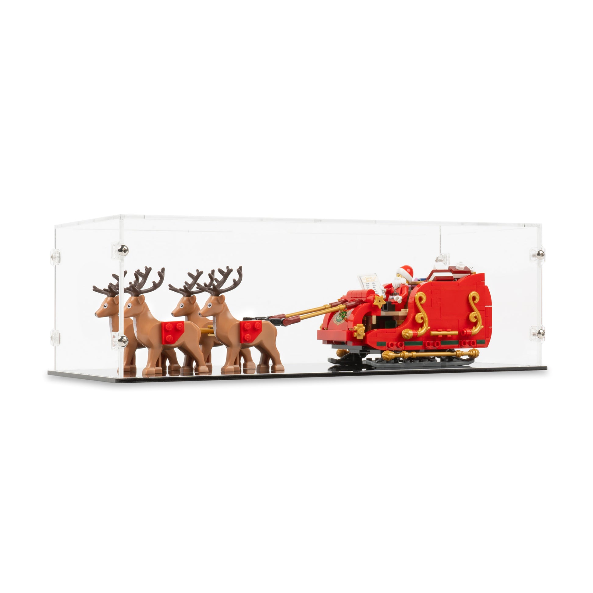 Angled view of LEGO 40499 Santa's Sleigh Display Case with a black base.