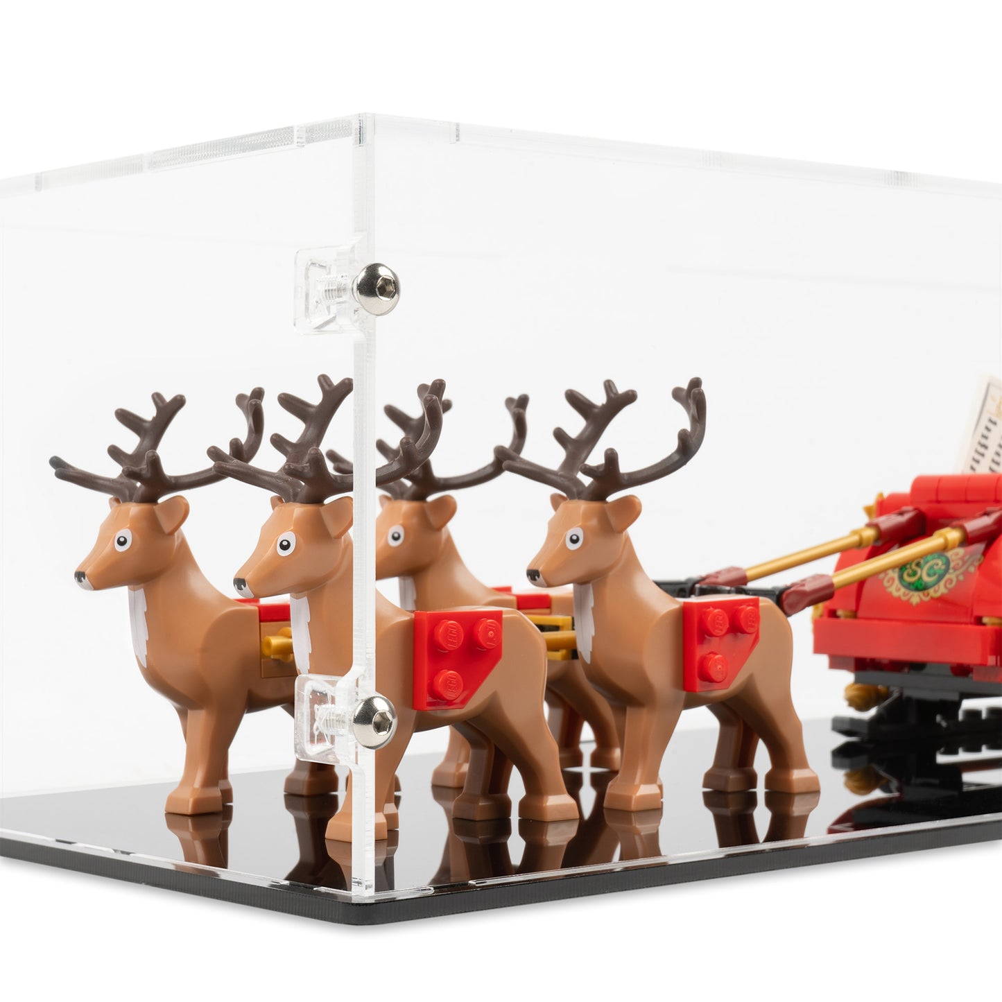 Fitting detail view of LEGO 40499 Santa's Sleigh Display Case with a black base.