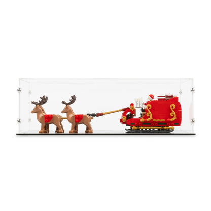 Front view of LEGO 40499 Santa's Sleigh Display Case with a black base.