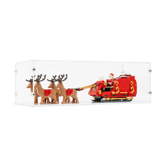 Angled view of LEGO 40499 Santa's Sleigh Display Case with a white base.