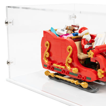 Fitting detail view of LEGO 40499 Santa's Sleigh Display Case with a white base.
