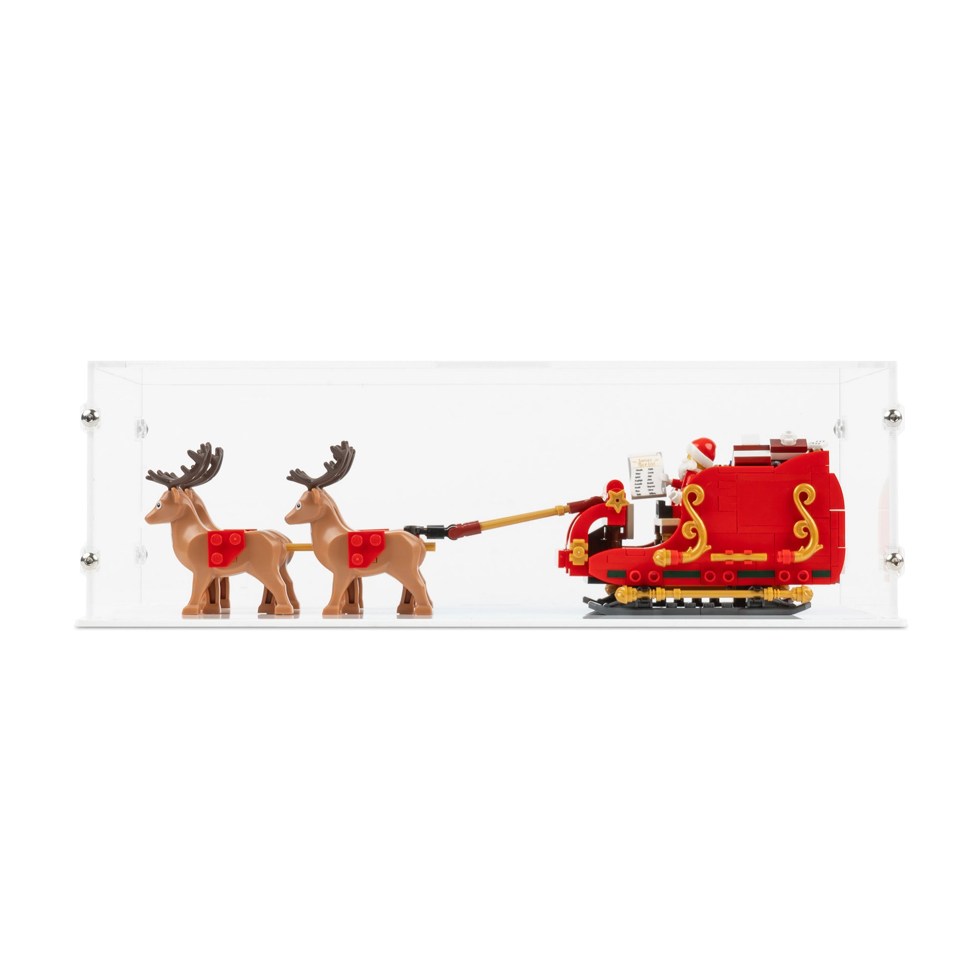 Front view of LEGO 40499 Santa's Sleigh Display Case with a white base.