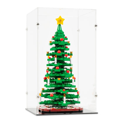 Angled view of LEGO 40573 Christmas Tree Display Case with a black base.