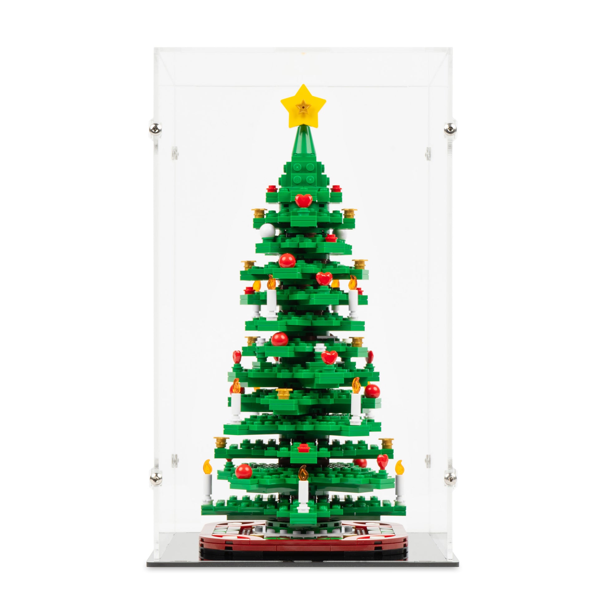 Front view of LEGO 40573 Christmas Tree Display Case with a black base.
