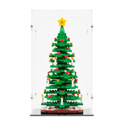 Front view of LEGO 40573 Christmas Tree Display Case with a black base.