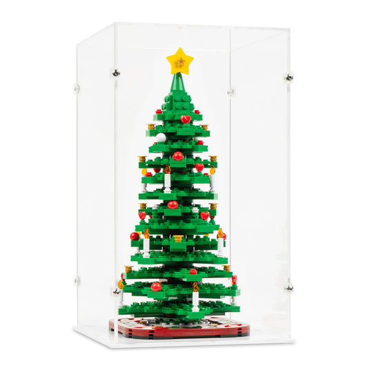 Angled view of LEGO 40573 Christmas Tree Display Case with a white base.