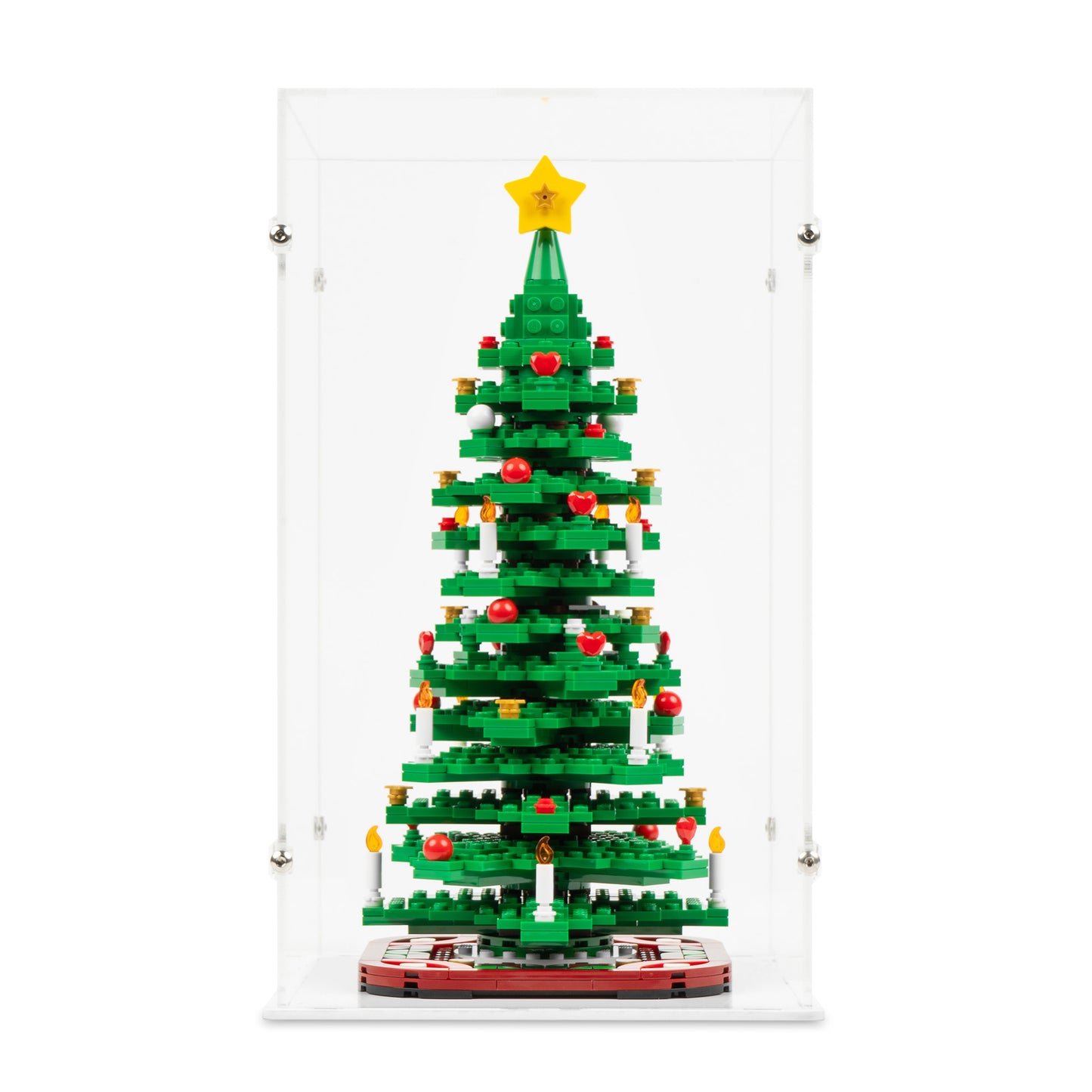 Front view of LEGO 40573 Christmas Tree Display Case with a white base.