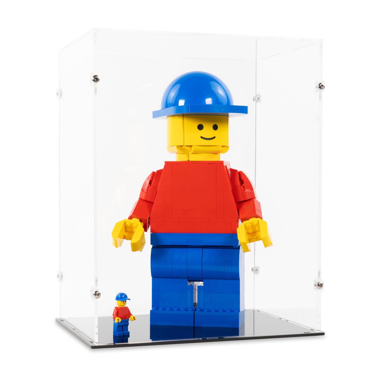 Angled view of LEGO 40649 Up-Scaled LEGO Minifigure Display Case.