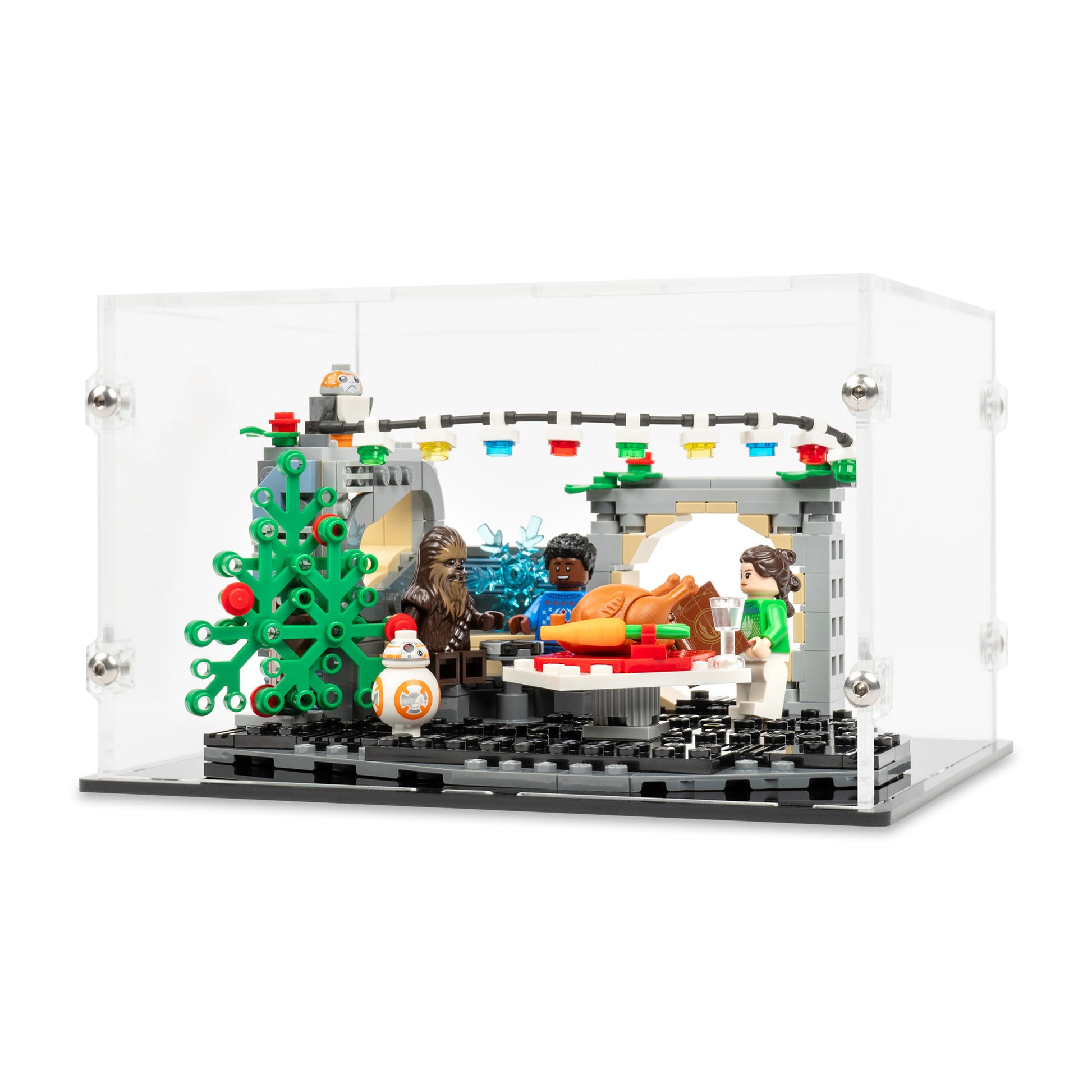 Angled view of LEGO 40658 Millennium Falcon Holiday Diorama Display Case.