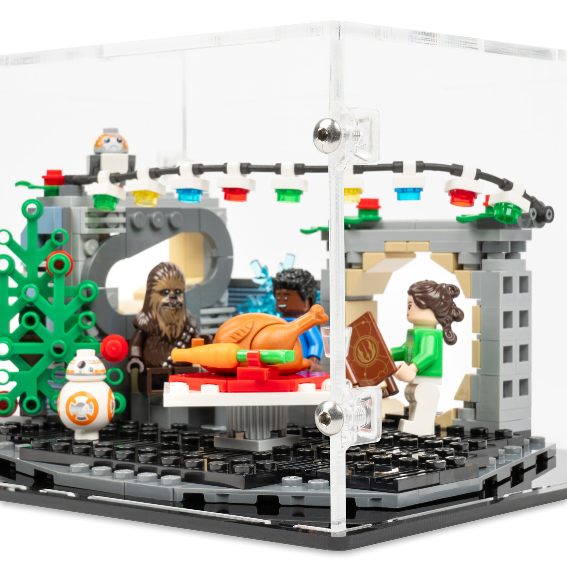 Fitting detail view of LEGO 40658 Millennium Falcon Holiday Diorama Display Case.