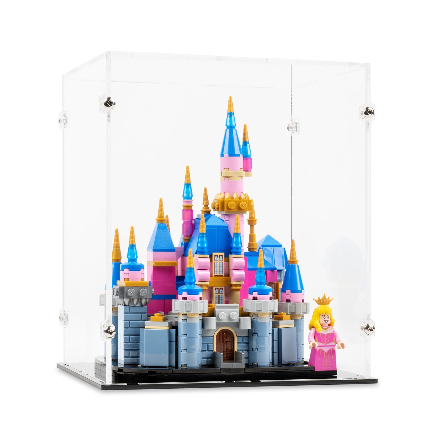 Angled view of LEGO 40720 Mini Disney Sleeping Beauty Castle Display Case.