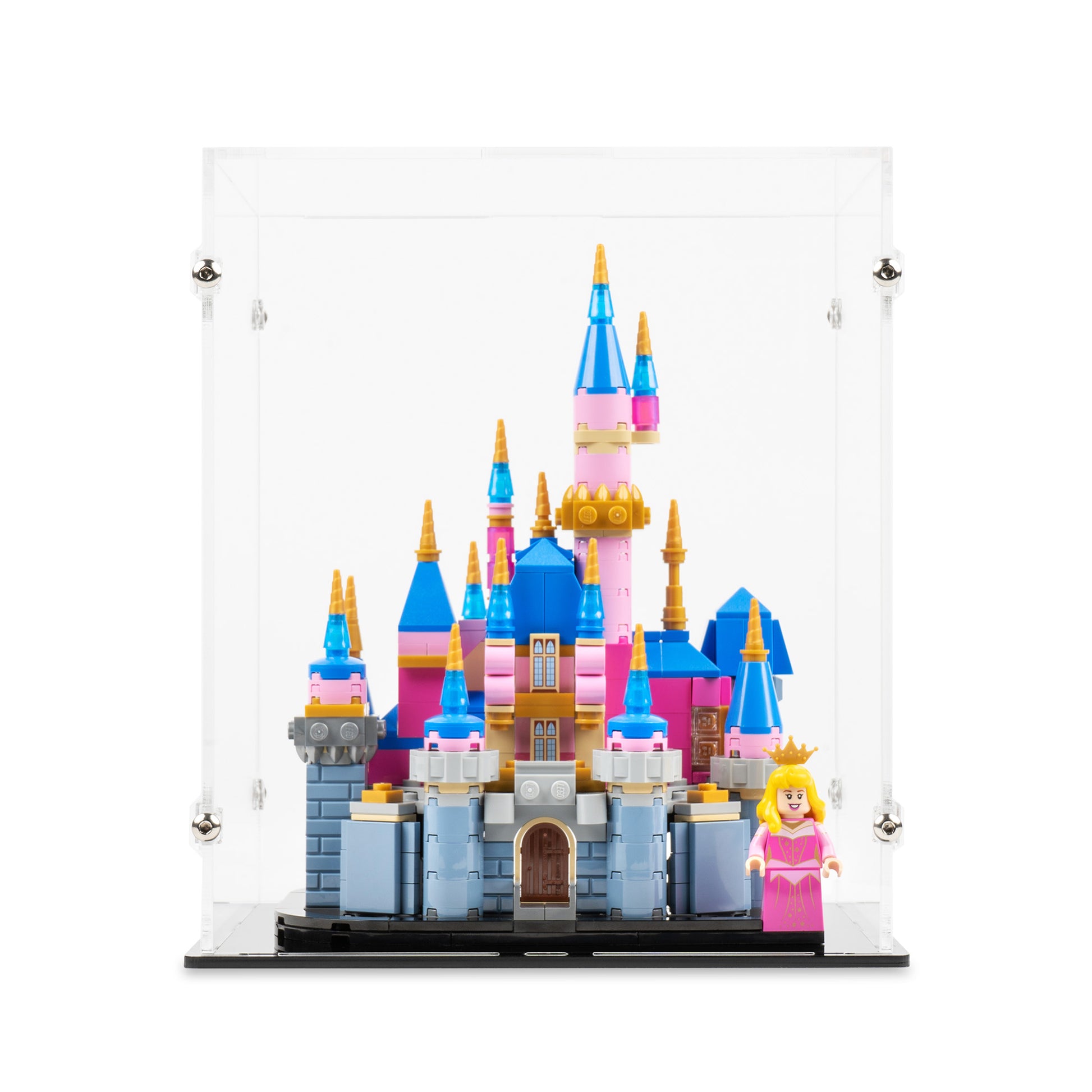 Front view of LEGO 40720 Mini Disney Sleeping Beauty Castle Display Case.