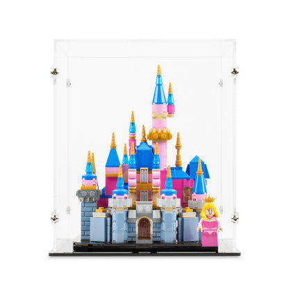 Front view of LEGO 40720 Mini Disney Sleeping Beauty Castle Display Case.