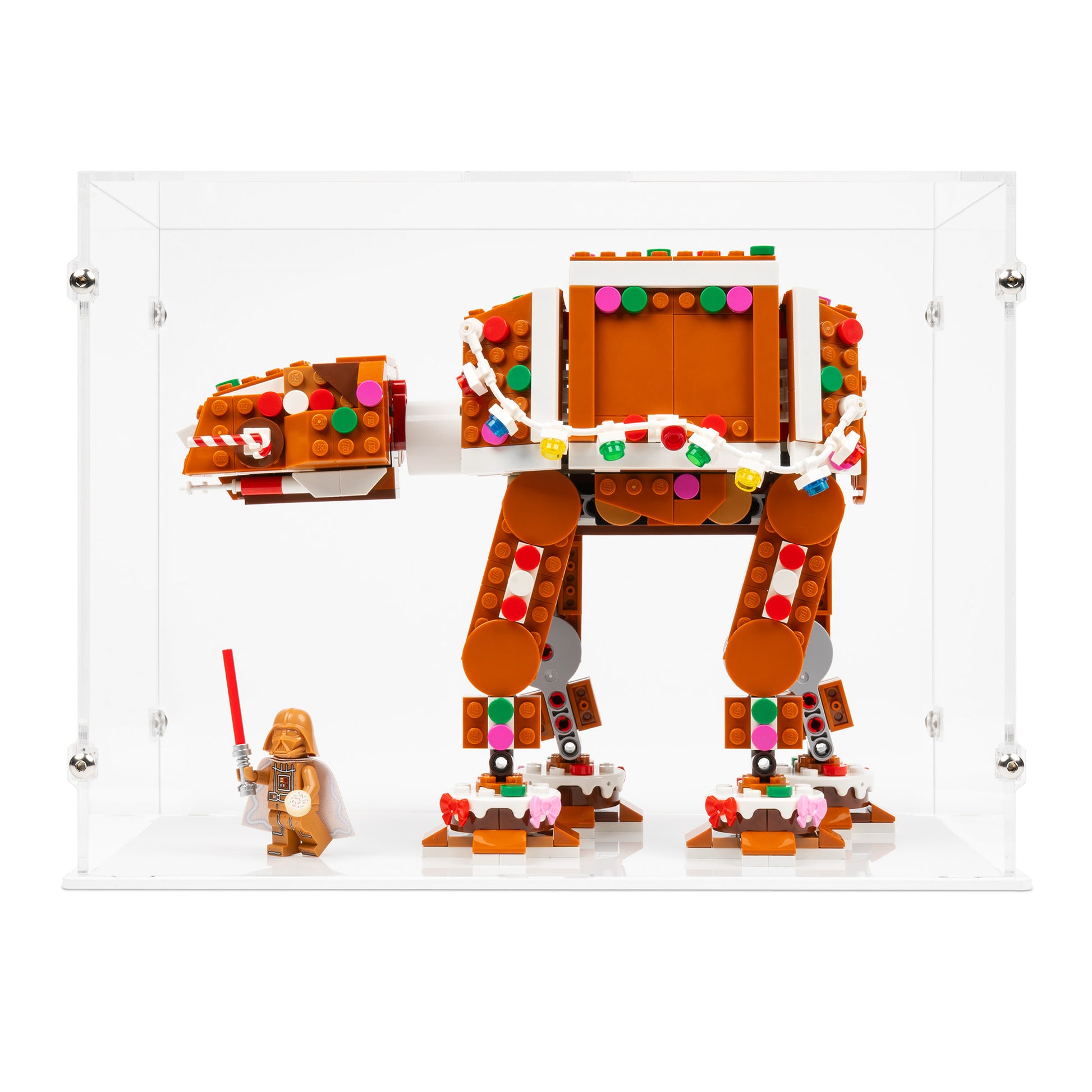 Front view of LEGO 40806 Gingerbread AT-AT Walker Display Case.