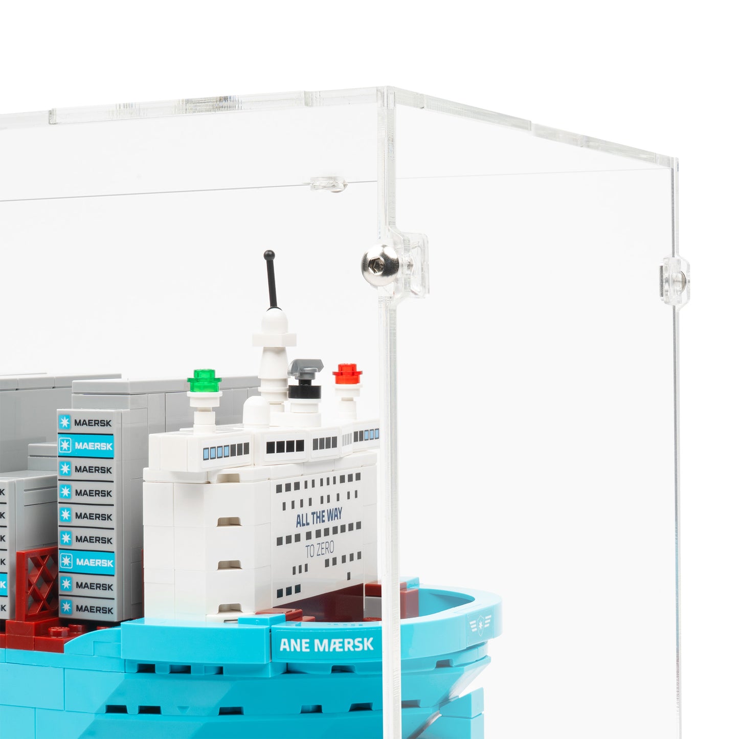 Right fitting detail view of LEGO 40955 Maersk Dual-Fuel Container Vessel Display Case.