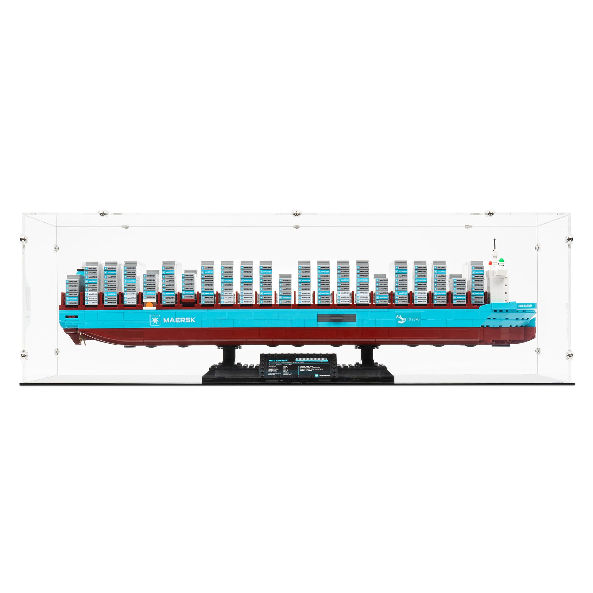 Front view of LEGO 40955 Maersk Dual-Fuel Container Vessel Display Case.