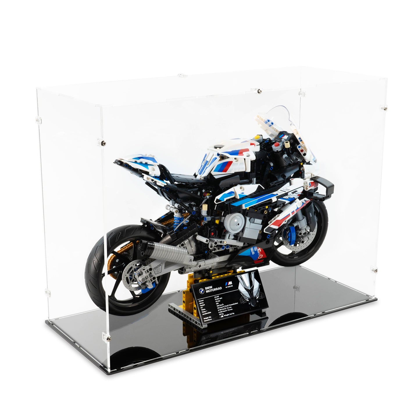 Angled top view of LEGO 42130 BMW M 1000 RR Display Case.