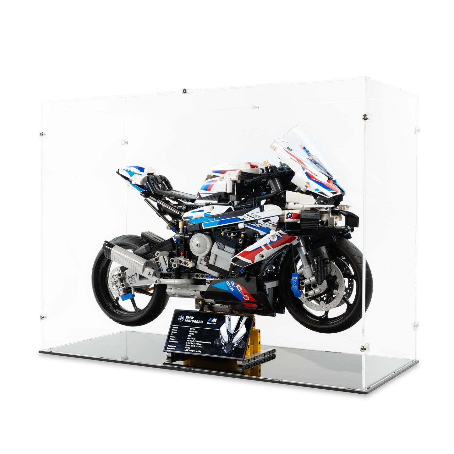 Angled view of LEGO 42130 BMW M 1000 RR Display Case.
