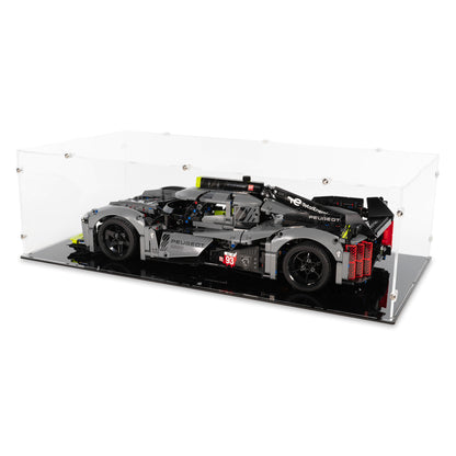 Angled top view of LEGO 42156 PEUGEOT 9X8 24H Le Mans Hybrid Hypercar Display Case.