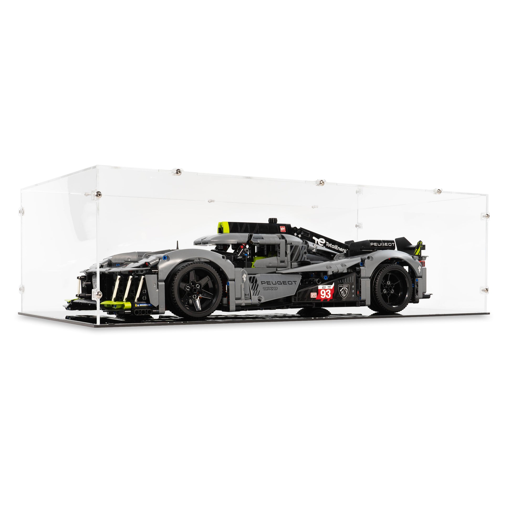 Angled view of LEGO 42156 PEUGEOT 9X8 24H Le Mans Hybrid Hypercar Display Case.