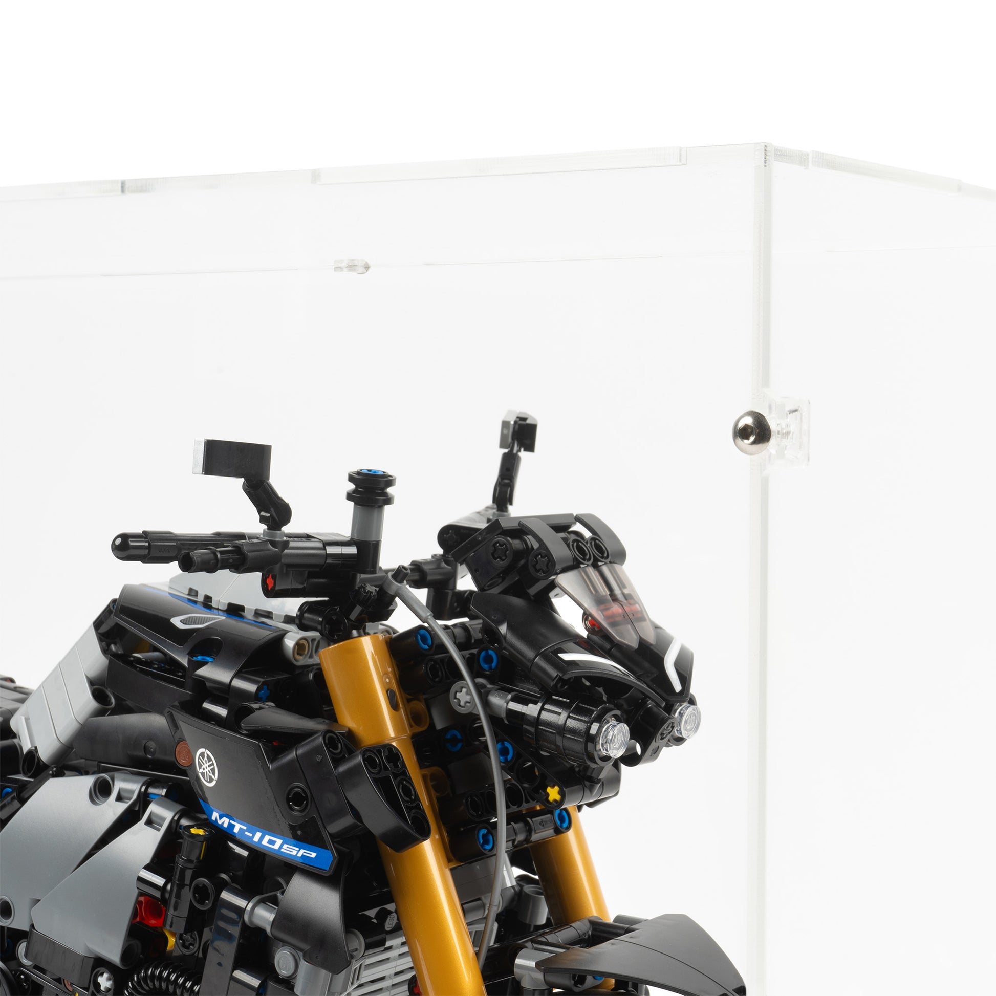 Fitting detail view of LEGO 42159 Yamaha MT-10 SP Display Case.