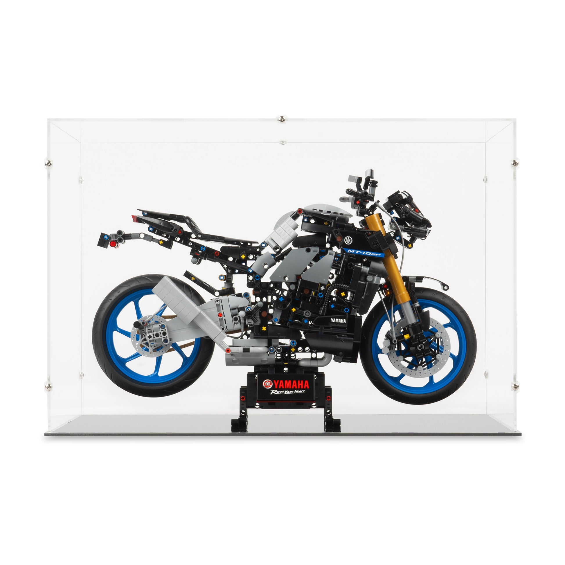 Front view of LEGO 42159 Yamaha MT-10 SP Display Case.