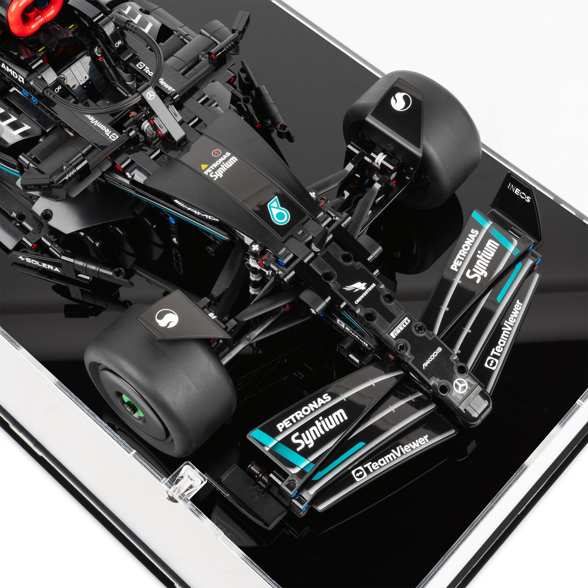 Car detail view of LEGO 42171 Mercedes-AMG F1 W14 E Performance Display Case.