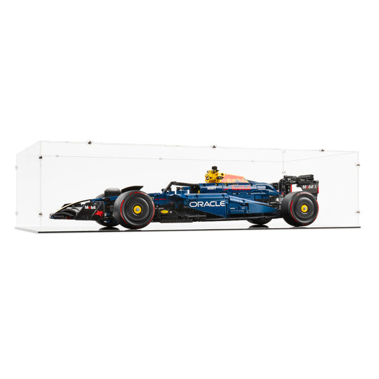 Angled view of LEGO 42206 Oracle Red Bull Racing RB20 F1 Car Display Case.