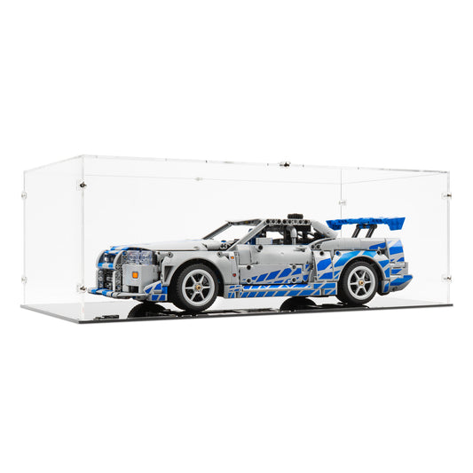 Angled view of LEGO 42210 2 Fast 2 Furious Nissan Skyline GT-R R34 Car Display Case.