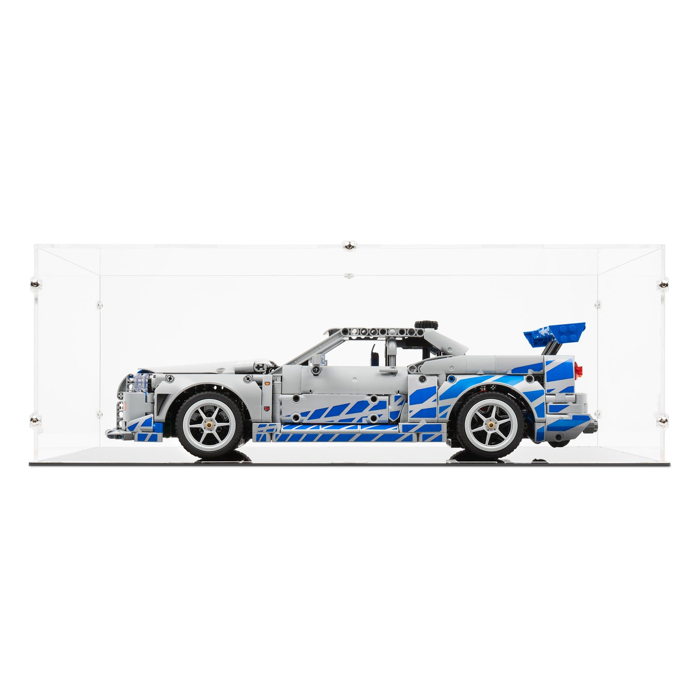 Front view of LEGO 42210 2 Fast 2 Furious Nissan Skyline GT-R R34 Car Display Case.