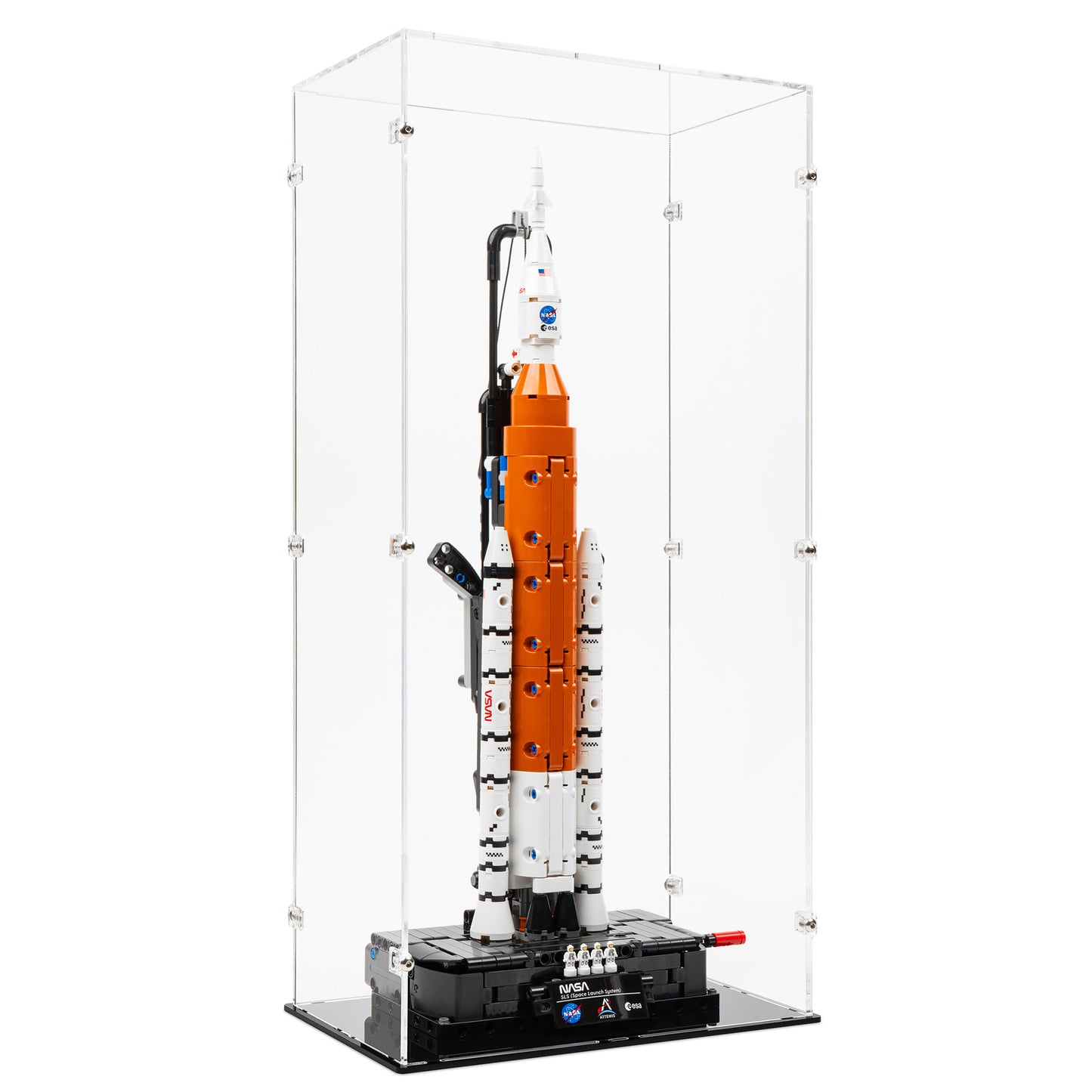 Angled view of LEGO 42221 NASA Artemis Space Launch System Rocket Display Case.