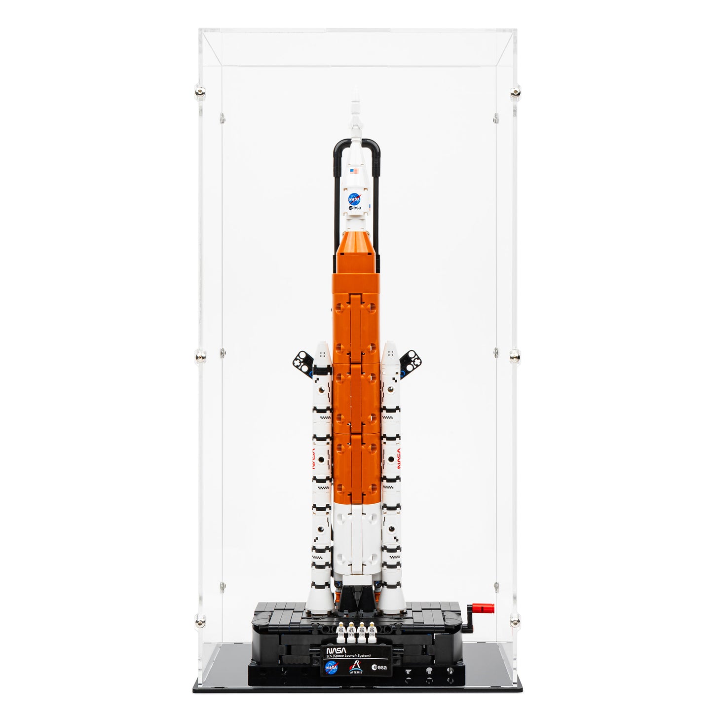 Front view of LEGO 42221 NASA Artemis Space Launch System Rocket Display Case.