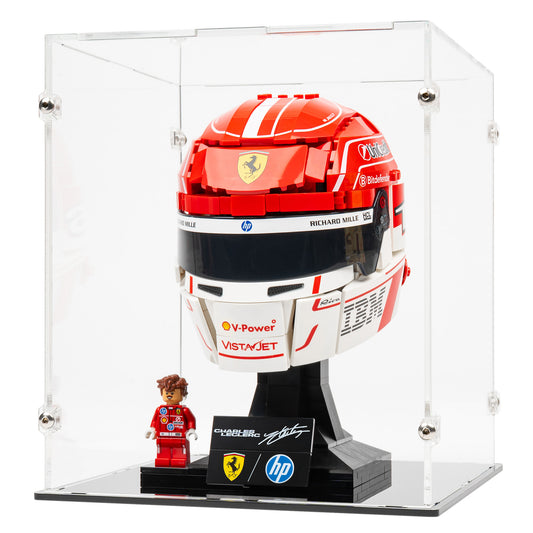 Angled view of LEGO 43014 Scuderia Ferrari HP Charles Leclerc Helmet Display Case.