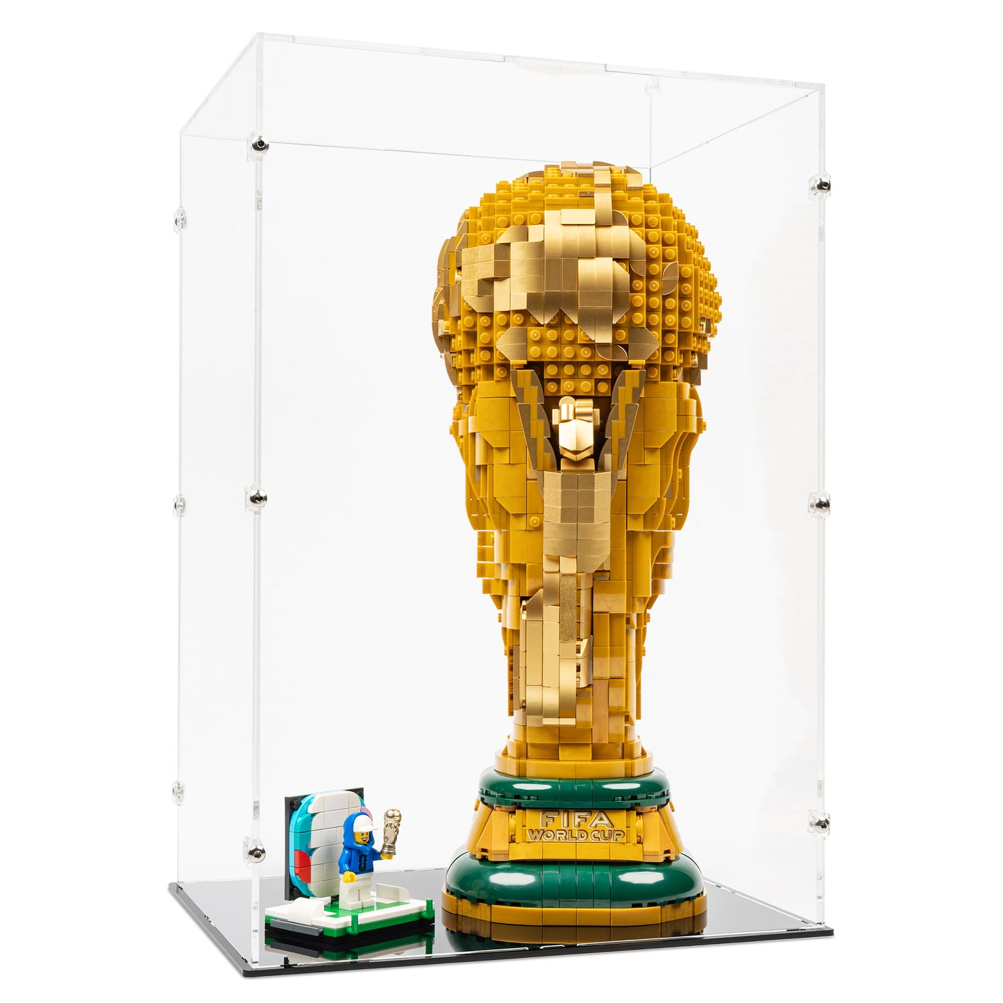 Angled view of LEGO 43020 FIFA World Cup Official Trophy Display Case.