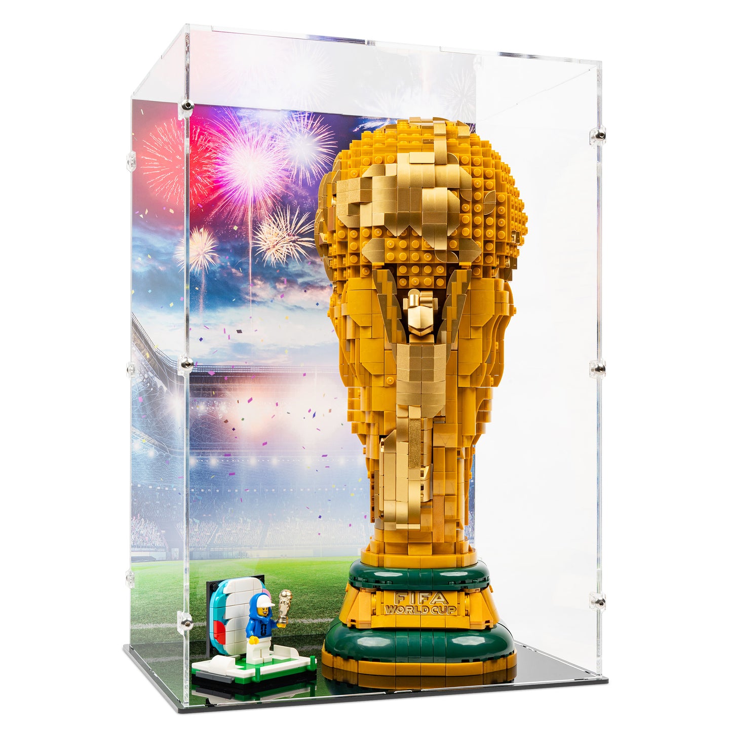 Angled view of LEGO 43020 FIFA World Cup Official Trophy Display Case with a UV printed background.