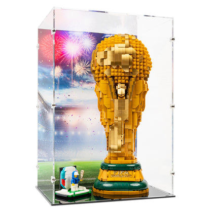 Angled view of LEGO 43020 FIFA World Cup Official Trophy Display Case with a UV printed background.