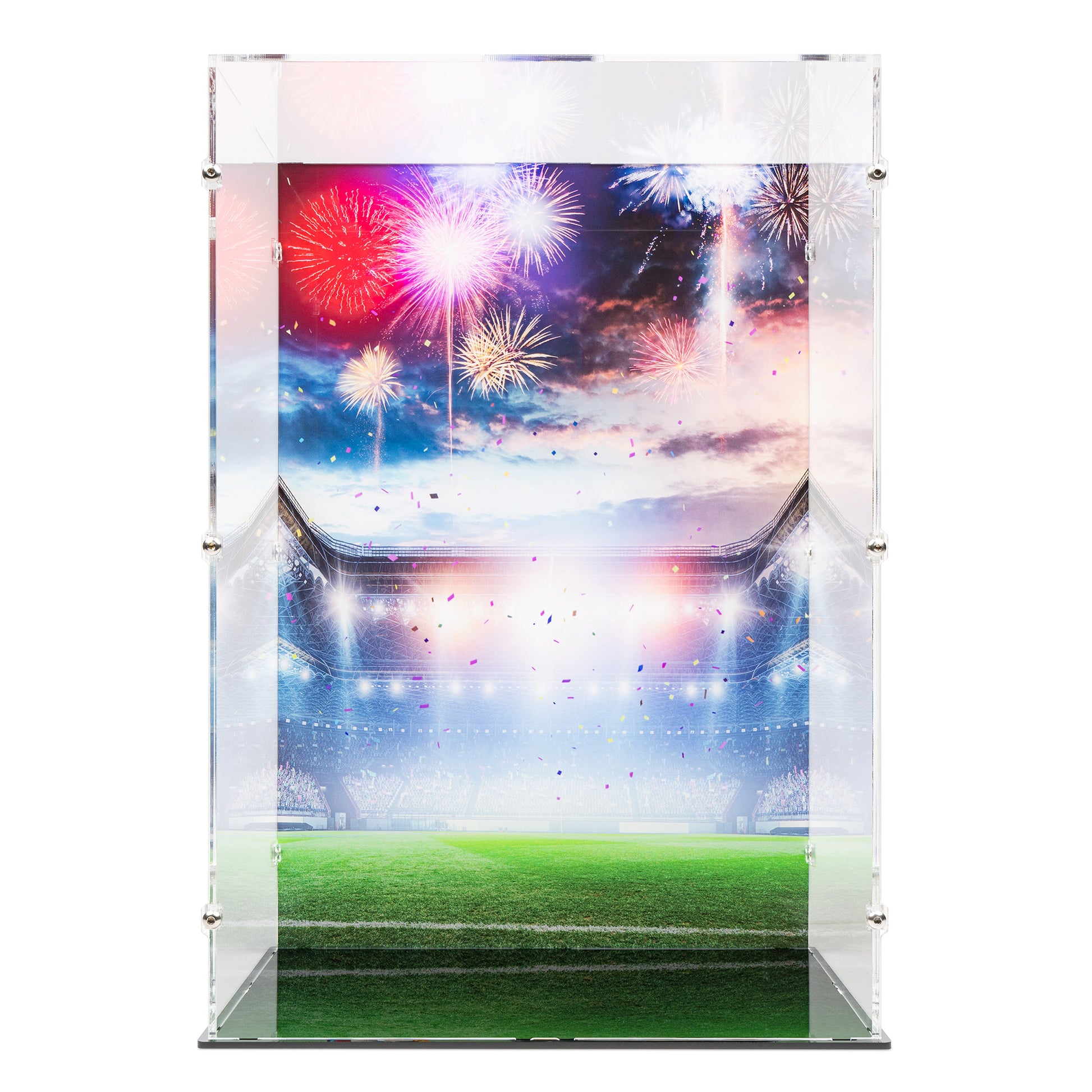 Front view of empty LEGO 43020 FIFA World Cup Official Trophy Display Case with a UV printed background.
