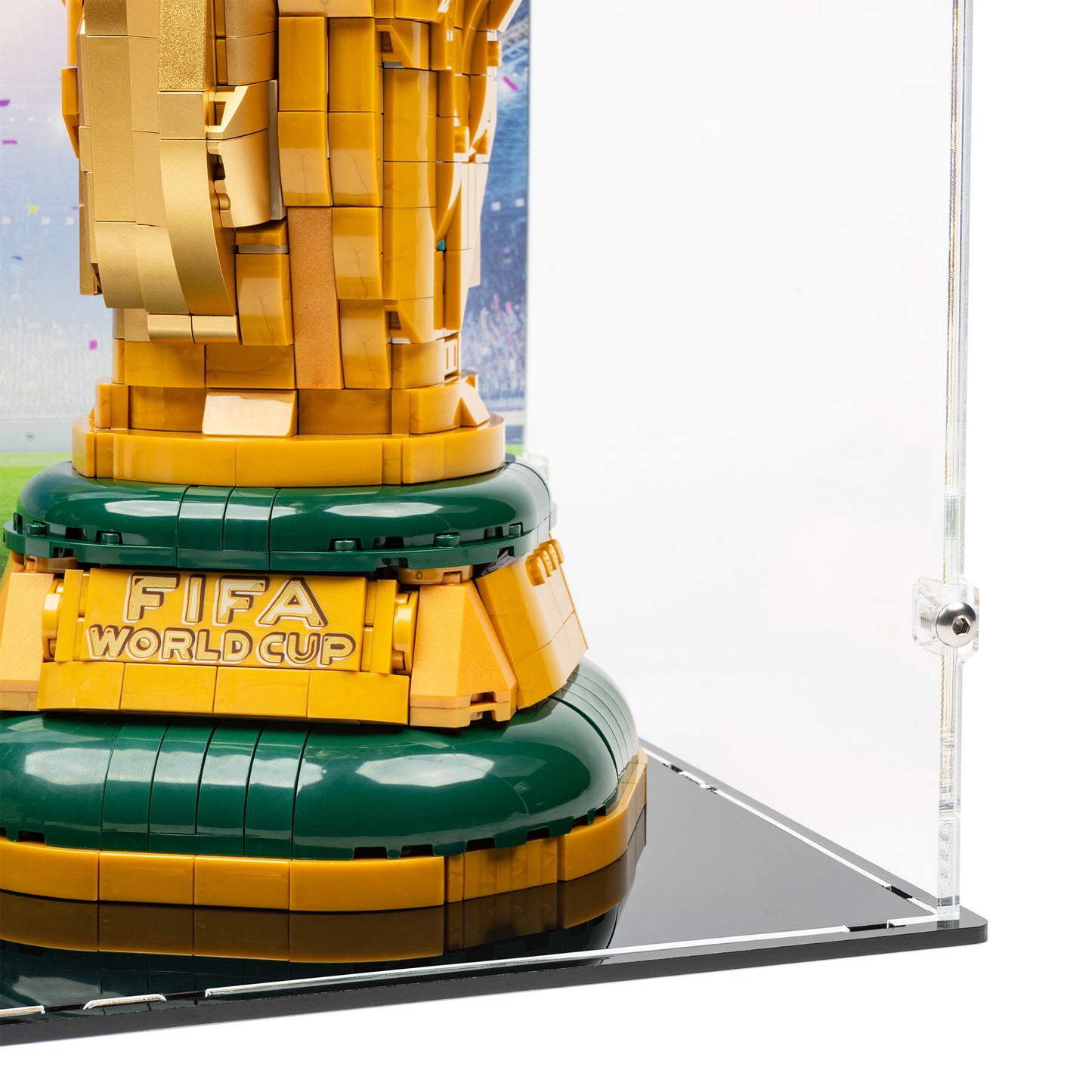 Fitting detail view of LEGO 43020 FIFA World Cup Official Trophy Display Case with a UV printed background.
