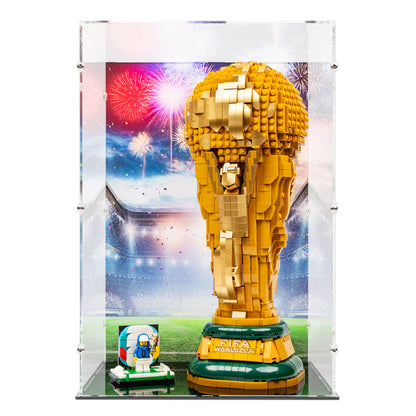 Front view of LEGO 43020 FIFA World Cup Official Trophy Display Case with a UV printed background.